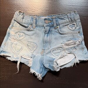 Zara Light Blue Distressed Denim Shorts with Heart Appliqués